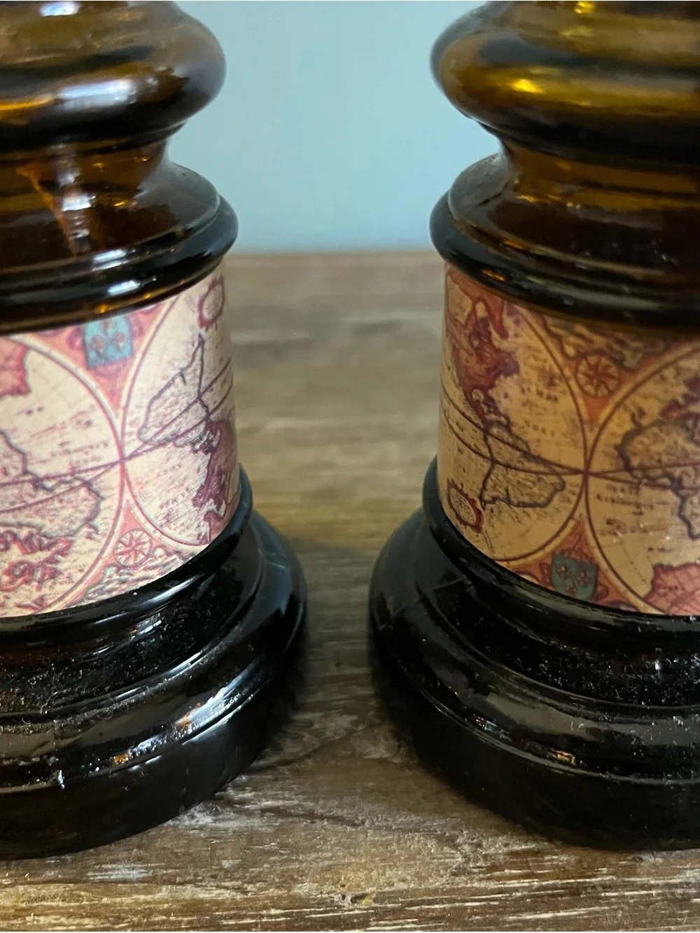 Pair Vintage Mini Oil Lamps 9” Amber Glass Chimneys World Map Decor